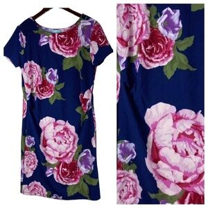 Liz Lange Maternity Dress Large 12 14 Floral Blue Pink Stretch Career Shower
